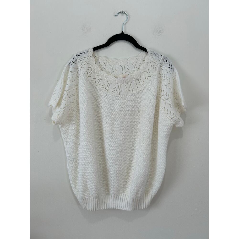 Vintage white crochet top women XL crewneck short sleeve grandmacore cottagecore